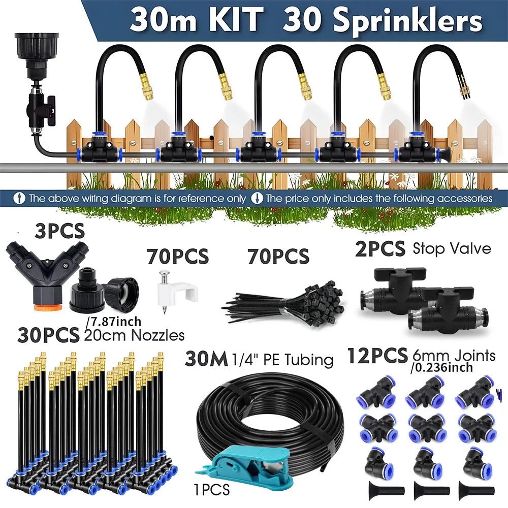 30-5m 1/4" 4/6mm Misting Cooling System 360° Free-bend Adjustable Nozzle Atomizer Sprayer for Outdoor Garden Irrigation Watering Peaceful Pleasures Health and Wellness 30m Kit