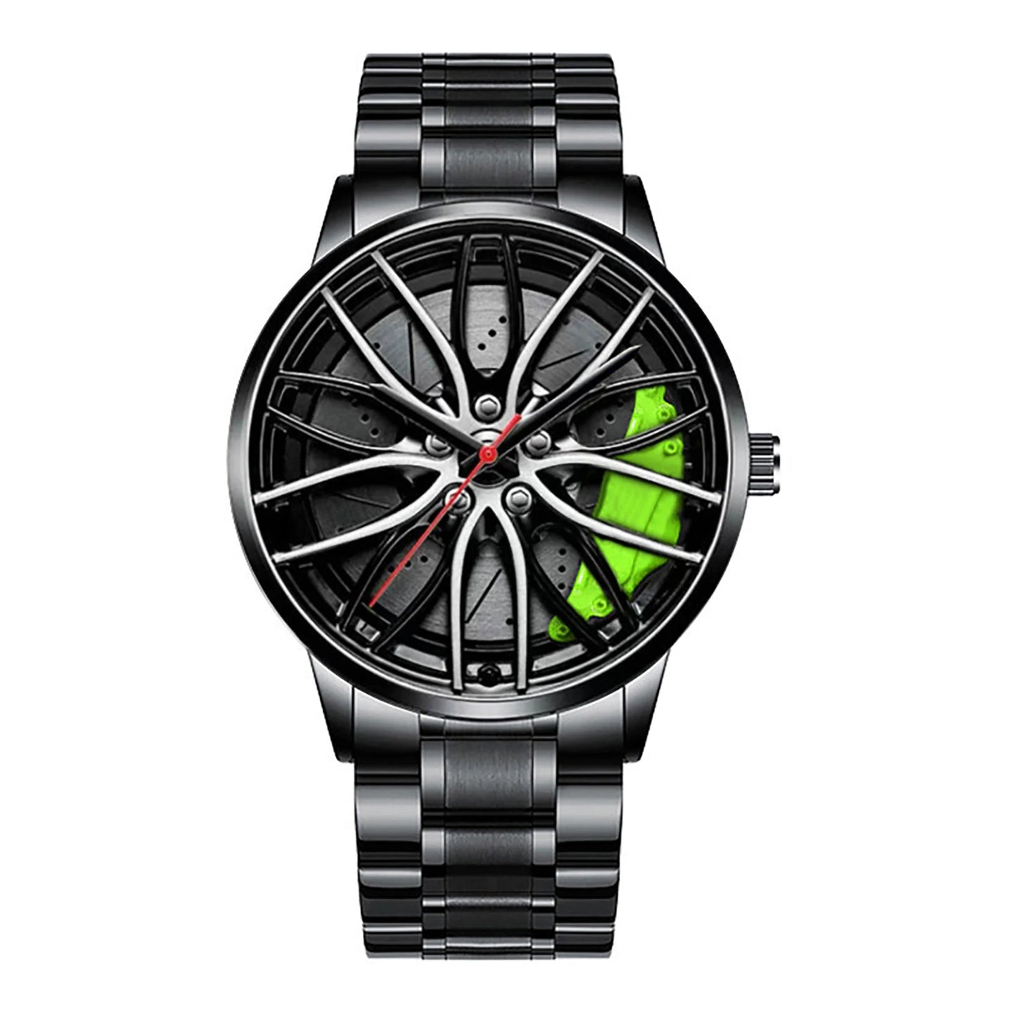 Business Luxury Quartz Watch Car Sport Rim Automatic Movement Round Dial Clock Watches Machinery Men Sport Watch Peaceful Pleasures Health and Wellness B Green Steel Strip