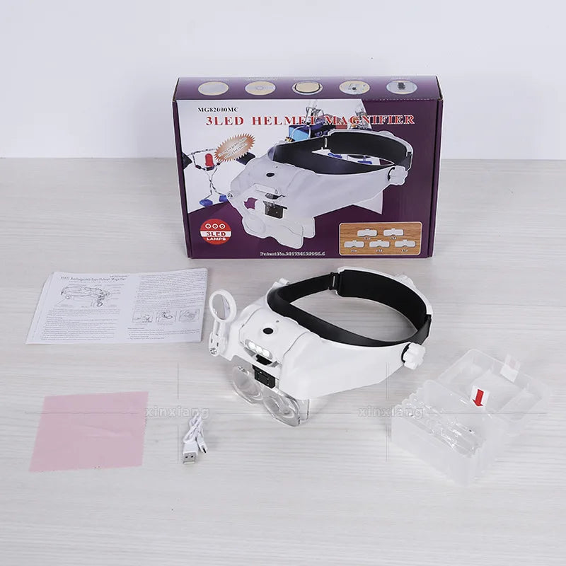Headband Magnifier Illuminated Rechargeable Repair Solder Magnify Glasses Interchangeable Lens Third Hand Loupe for Solder Peaceful Pleasures Health and Wellness