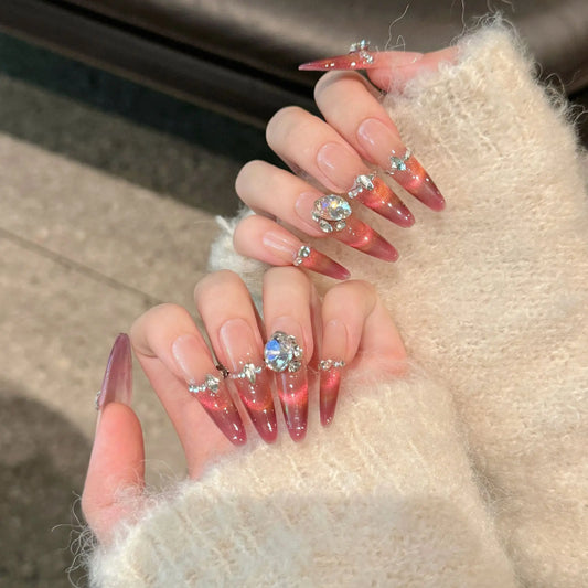 Press-On Nails Pomegranate Pink Cat Eye Long Oval | YADORNOS Press-On Nail Set Peaceful Pleasures Health and Wellness