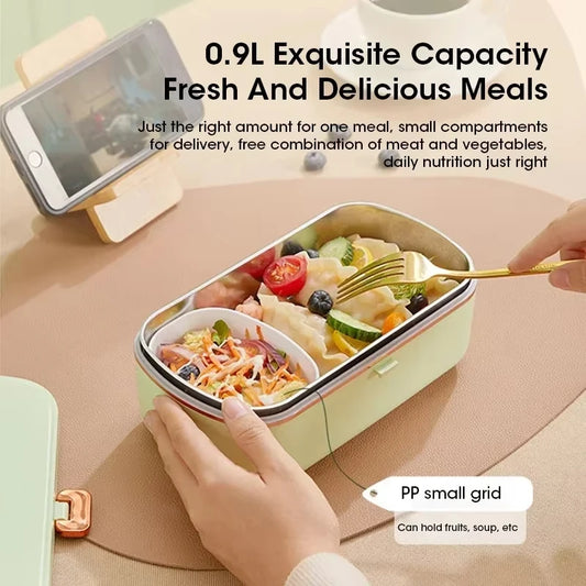 Stainless Steel Electric Lunch Box Water-Free Heating Food Warmer Bento Box Office Lunch Container with Built-In Heater Peaceful Pleasures Health and Wellness