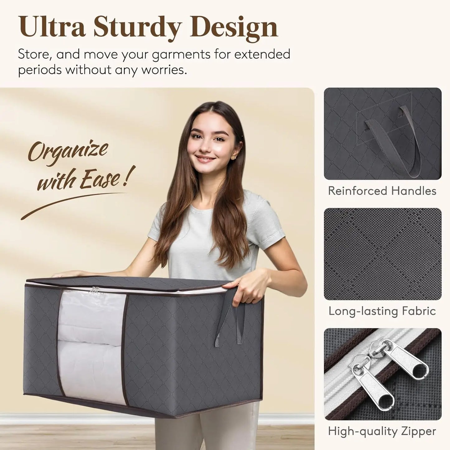 Woman holding a large gray storage bag with text and images highlighting features on a beige background