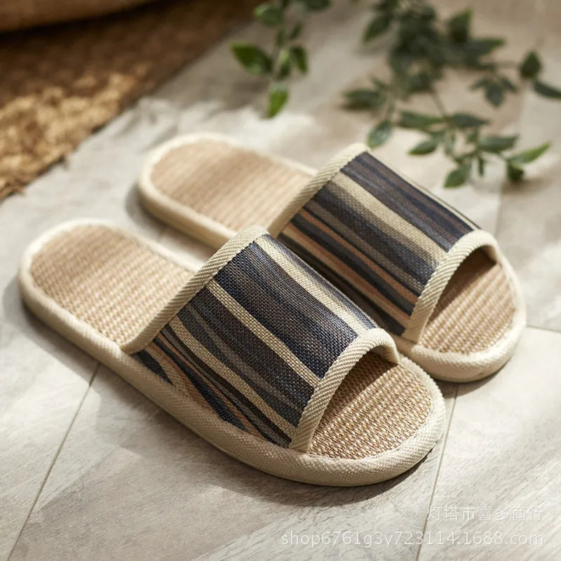 Men's Striped Linen Slippers | Non-Slip EVA Beach & Indoor