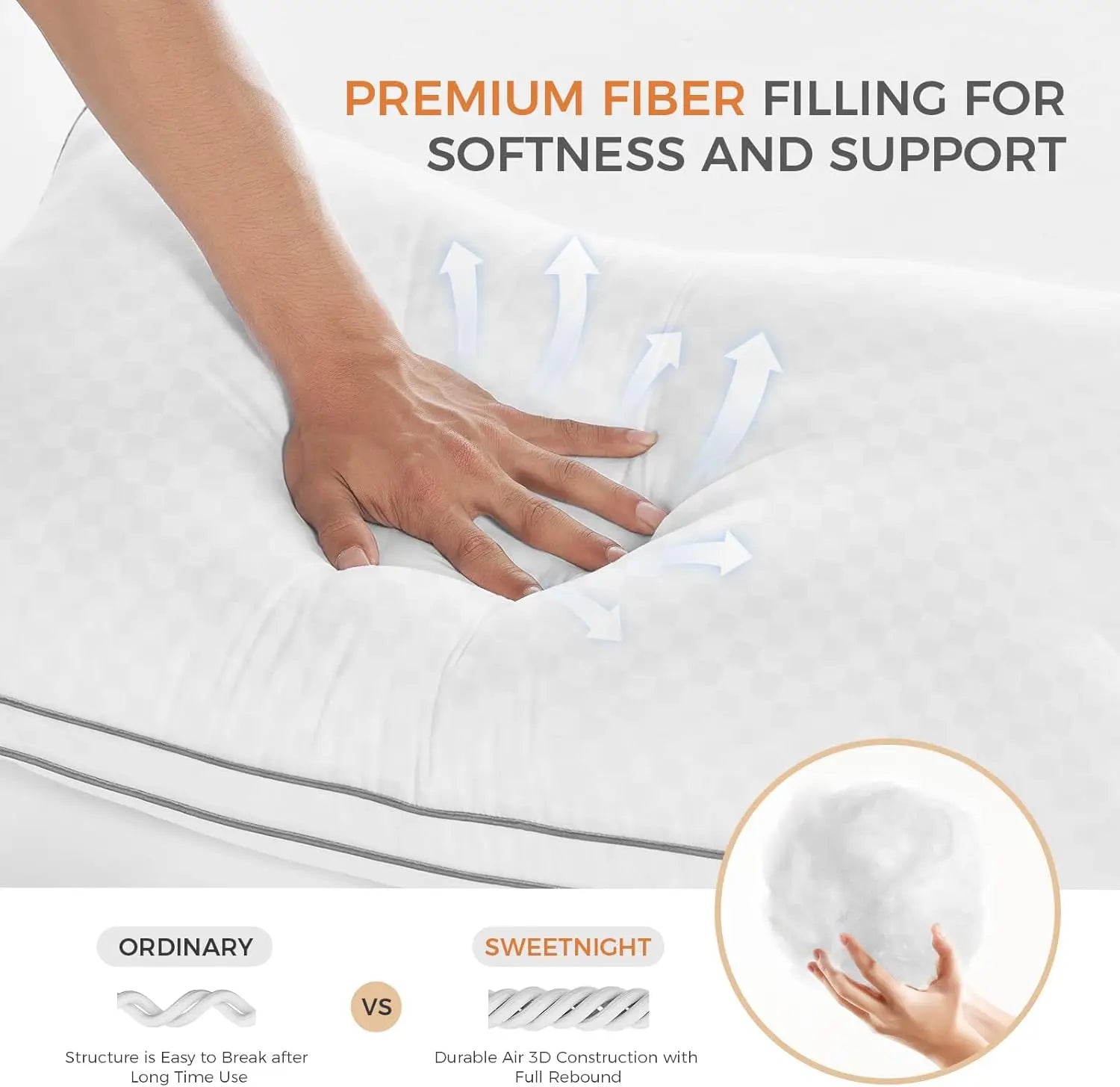Sweetnight pillow with hand for size reference and text about premium fiber filling.