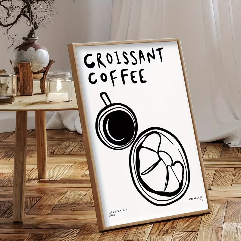 Black & White Croissant Coffee Canvas Wall Art Print | Decor
