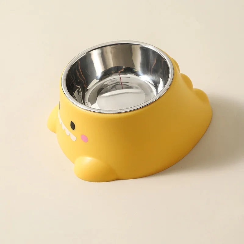 Cartoon Dinosaur Elevated Tilted Pet Bowl | Stainless Steel