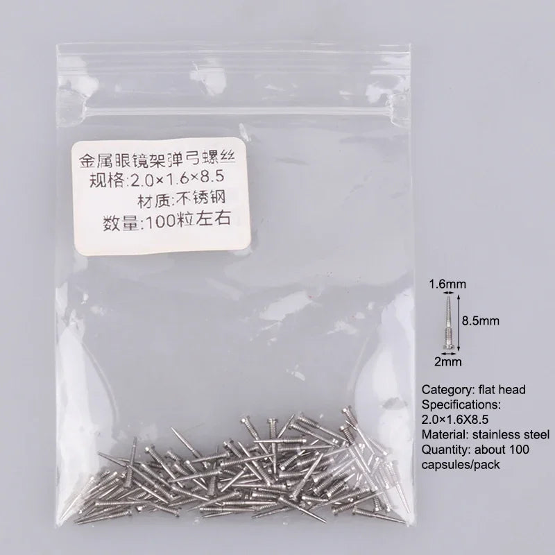 100-Piece Eyeglass Spring Hinge Screws – Self-Aligning Repair Kit