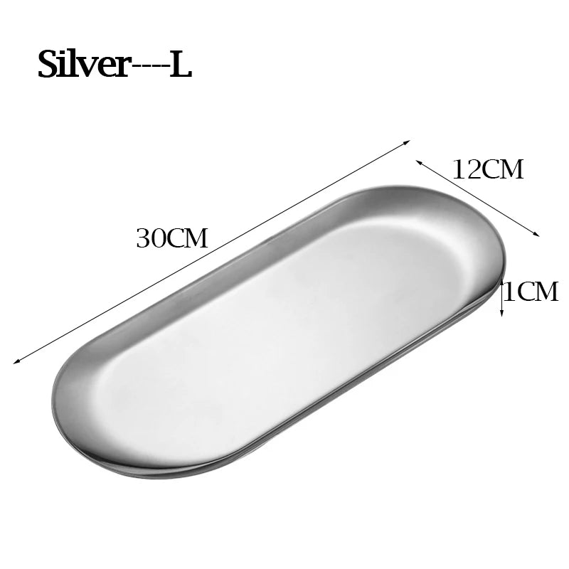 Nordic Stainless Steel Oval Serving Tray – Mirror Polished Dessert & Snack Plate, Gold or Silver, 3 Sizes