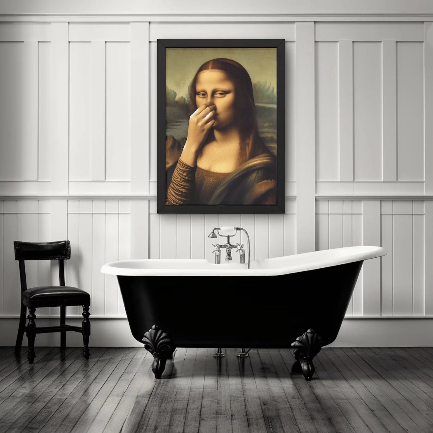 Parody Mona Lisa Bathroom Wall Art Decor Covering her Nose Vintage Bad Smell Poster Print Toilet Humor Funny Leonardo Davinci In Peaceful Pleasures Health and Wellness