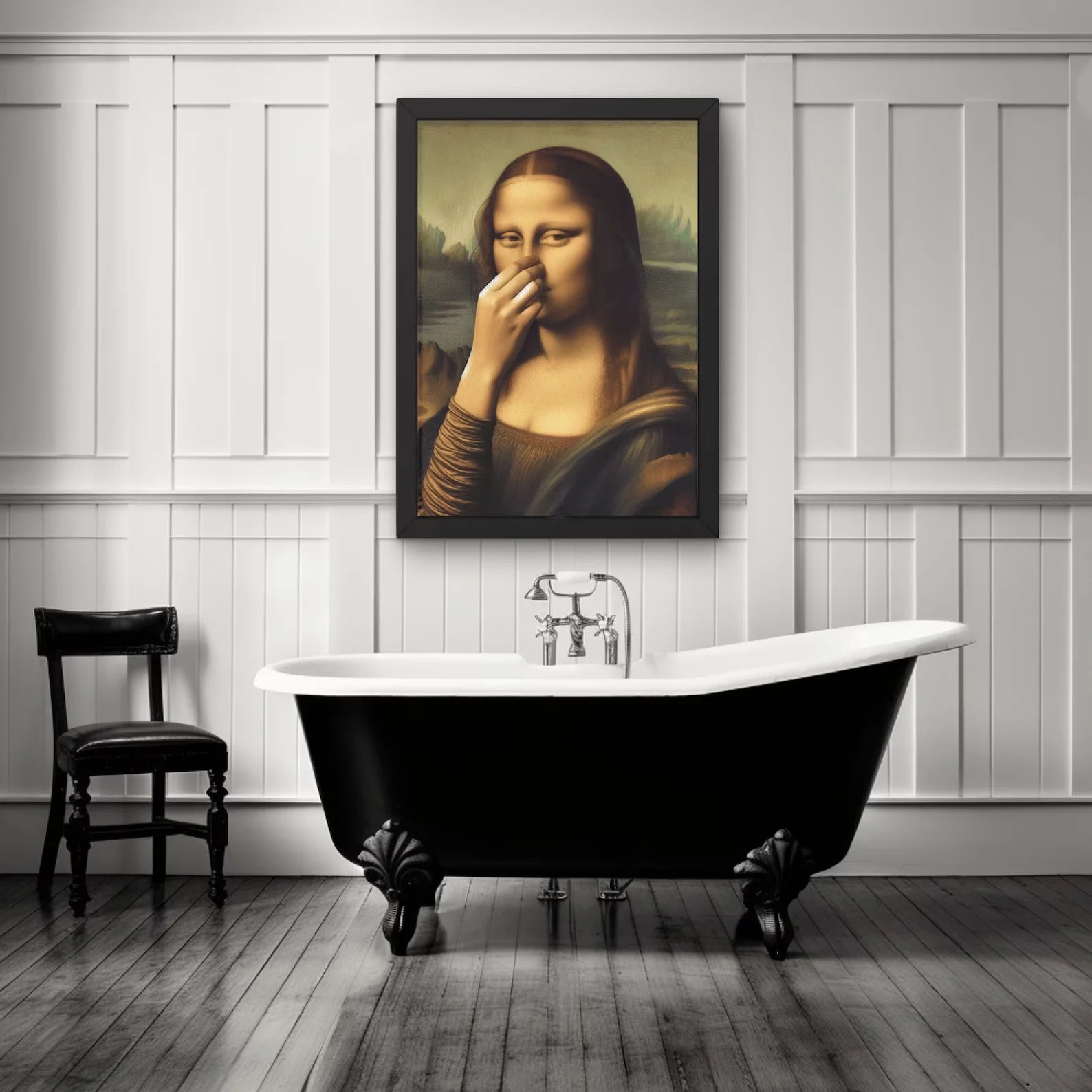 Parody Mona Lisa Bathroom Wall Art Decor Covering her Nose Vintage Bad Smell Poster Print Toilet Humor Funny Leonardo Davinci In Peaceful Pleasures Health and Wellness