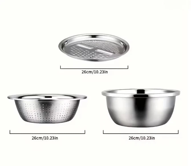 New 3pcs Stainless Steel Multi-Functional Kitchen Grater Set Draining Bowl with Vegetable Washing Mandoline Slicer for Potato Peaceful Pleasures Health and Wellness 3pcs silver 26cm