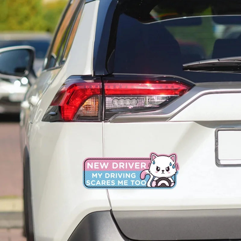 4-Pack Cartoon Cat New Driver Car Magnets | Reflective Safety Signs