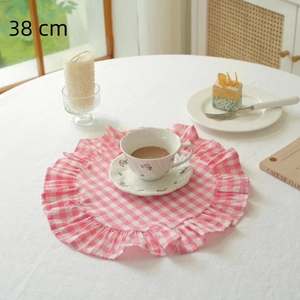 Retro Soft Ruffle Placemats Round Cotton Table Cup Mat Square French Coasters Table Decor Peaceful Pleasures Health and Wellness 38cm Plaid L
