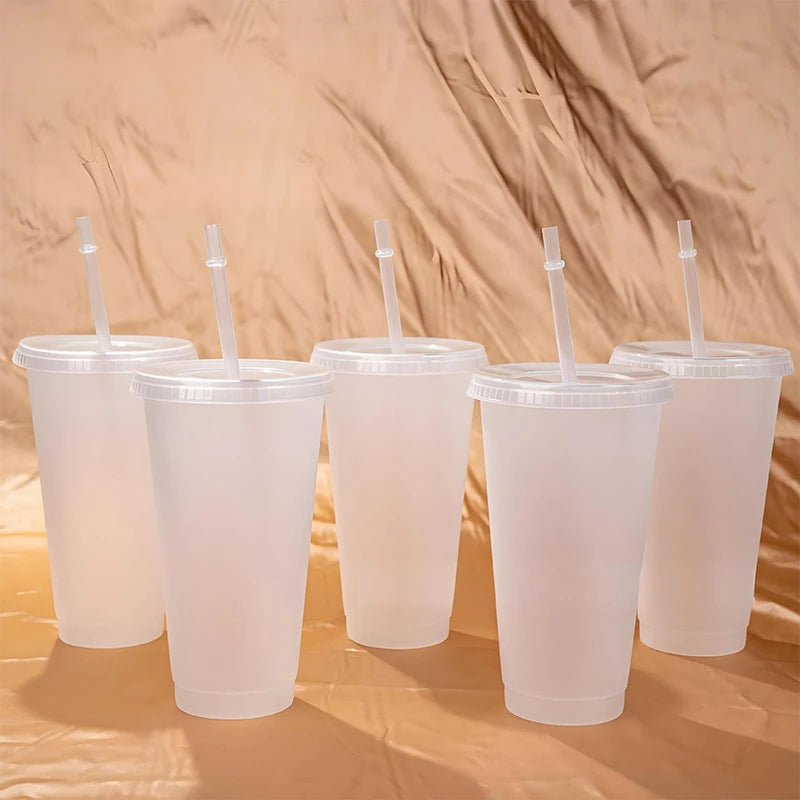 710ml White Straw Mug With Lid Color Changing Coffee Mug Reusable Cup Plastic Matte Finish Drinking Mug Couple's Cups Peaceful Pleasures Health and Wellness
