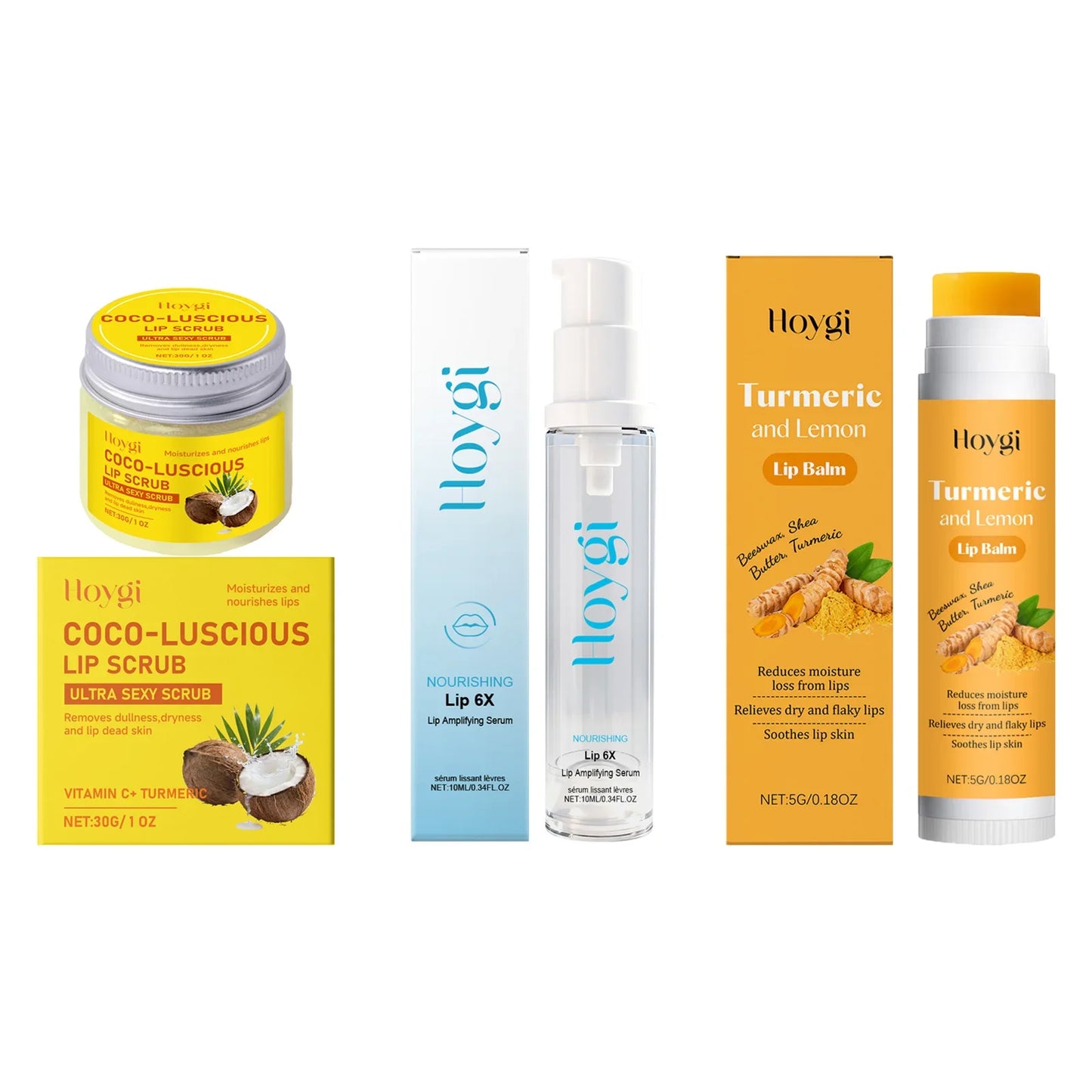 Hoygi 3-in-1 Lip Care Set – Turmeric Balm, Scrub & Serum