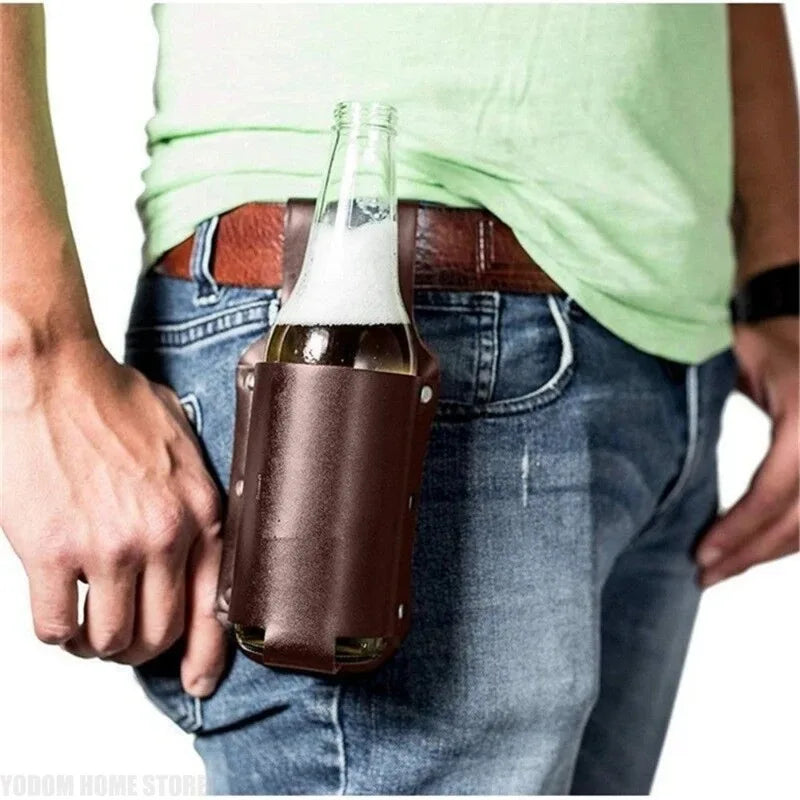 PU Leather Beer Bottle Holster Belt Pouch – Hands-Free Waist Bag