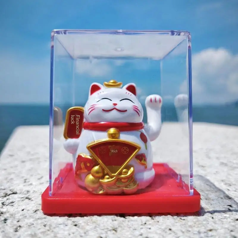 Solar Waving Lucky Cat Ornament | Mini 2" Desk Fortune Décor