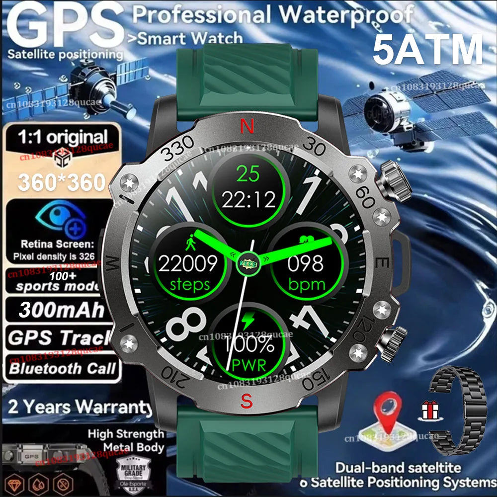New Dual-Band GPS Military Smart Watch 5ATM Water-Resistant 300mAh Battery Compass GPS Sport SmartWatch Men For Android IOS 2025 Peaceful Pleasures Health and Wellness Green Black Steel