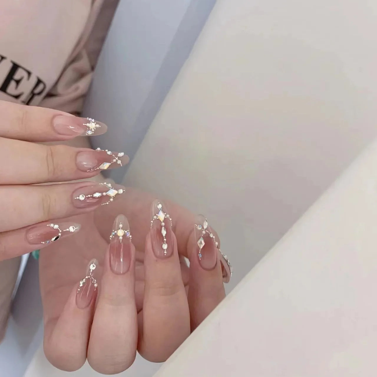 Handmade Press on Nails Pink Blush Shiny Rhinestone Decor False Nails Full Cover Wearable Sweet Korean Almond Fake Nail Tips Peaceful Pleasures Health and Wellness