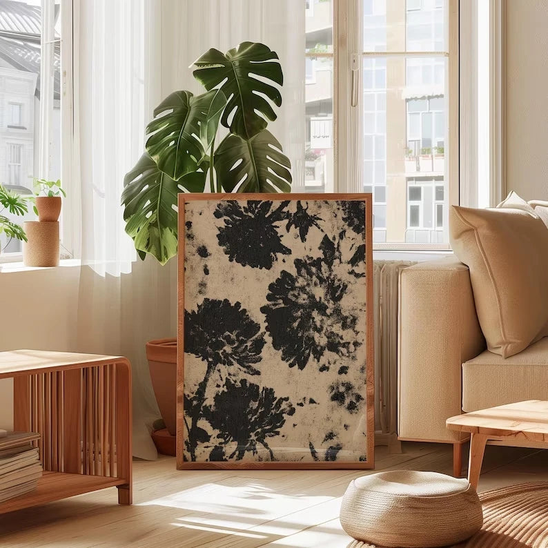 Retro Black Floral Silhouette Canvas Wall Art Print | Home Decor