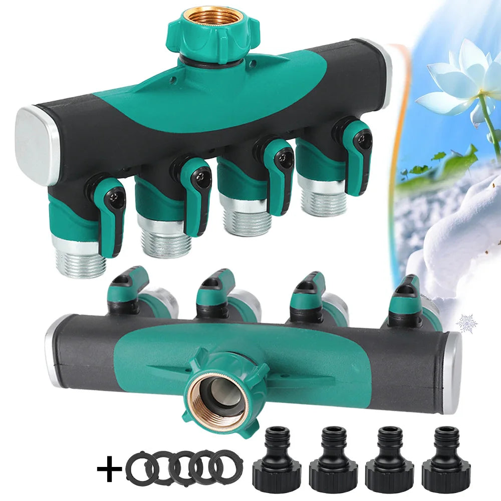 Heavy Duty Metal 4 Way 3/4'' Thread Faucet Splitters with Outdoor Water Tap Connectors Shut Off Valves for Garden Hose Adapter Peaceful Pleasures Health and Wellness