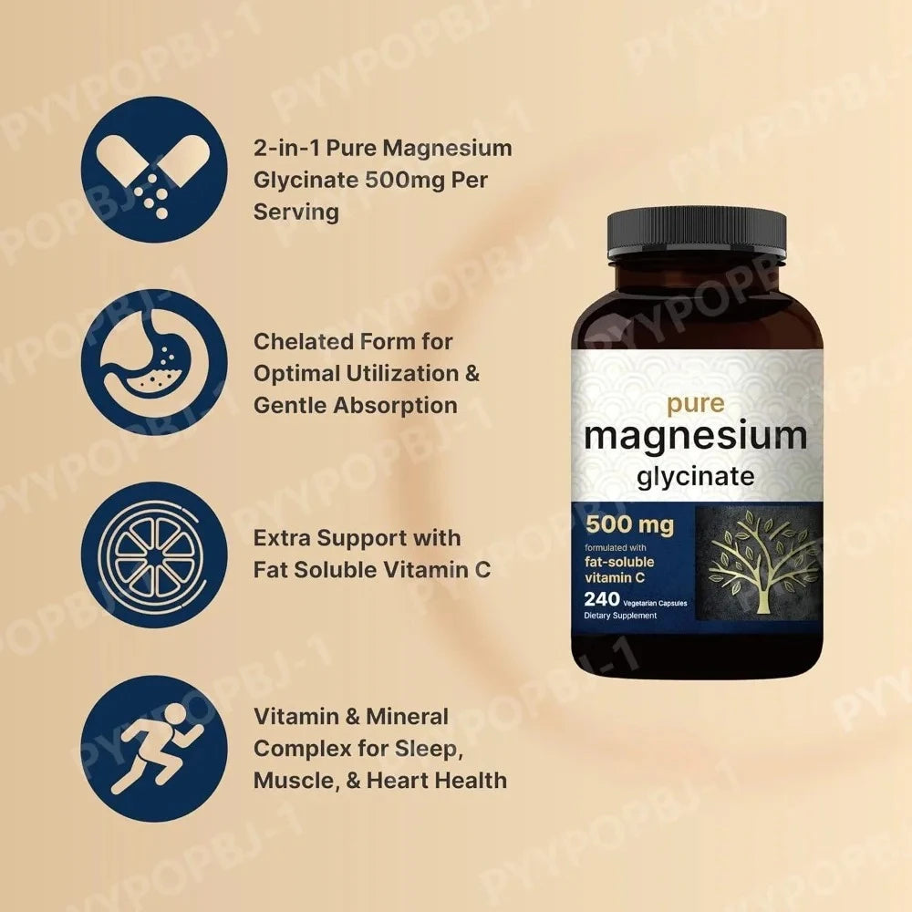 Magnesium Glycinate 500mg 240 Veggie Caps | Chelated Vegan