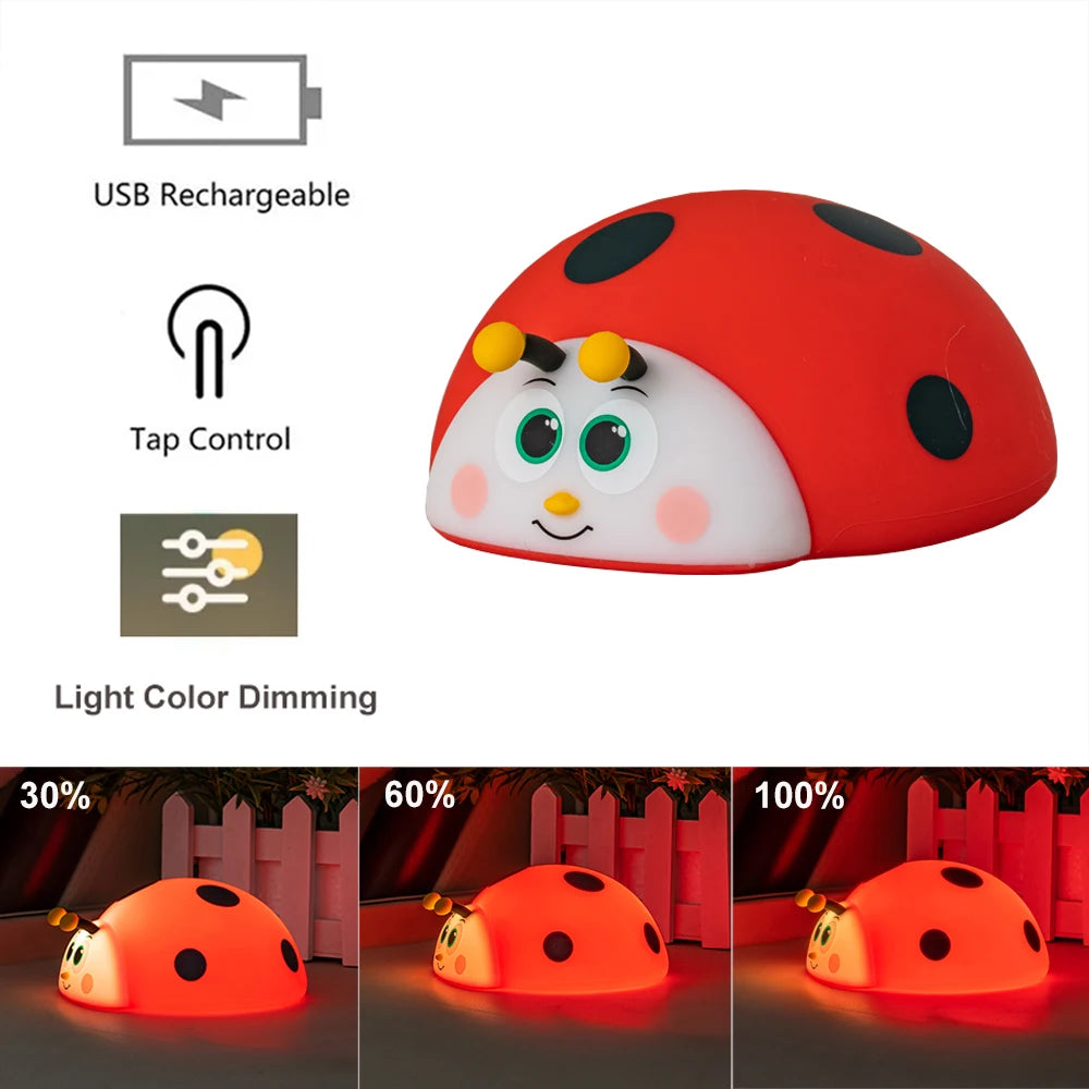 Adorable Night Light Silicone Nursery Sleeping Lamp Touch Control Ladybug Nightlights USB Rechargeable Table Lamp for Baby Child Peaceful Pleasures Health and Wellness 3 Color Dimmable