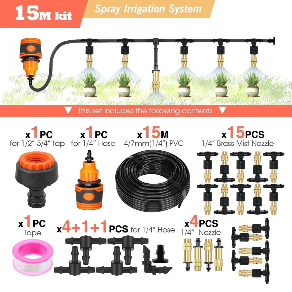 10M-30M Outdoor Misting Cooling System 4/7mm Hose for Patio Greenhouse Garden Irrigation Watering 1/4'' Brass Atomizer Nozzles Peaceful Pleasures Health and Wellness E-15M kit