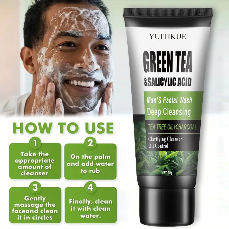 YUITIKUE Men's Facial Wash 60g - Green Tea & Salicylic Acid, Deep Cleansing, Oil Control, Tea Tree & Charcoal, For Men Peaceful Pleasures Health and Wellness