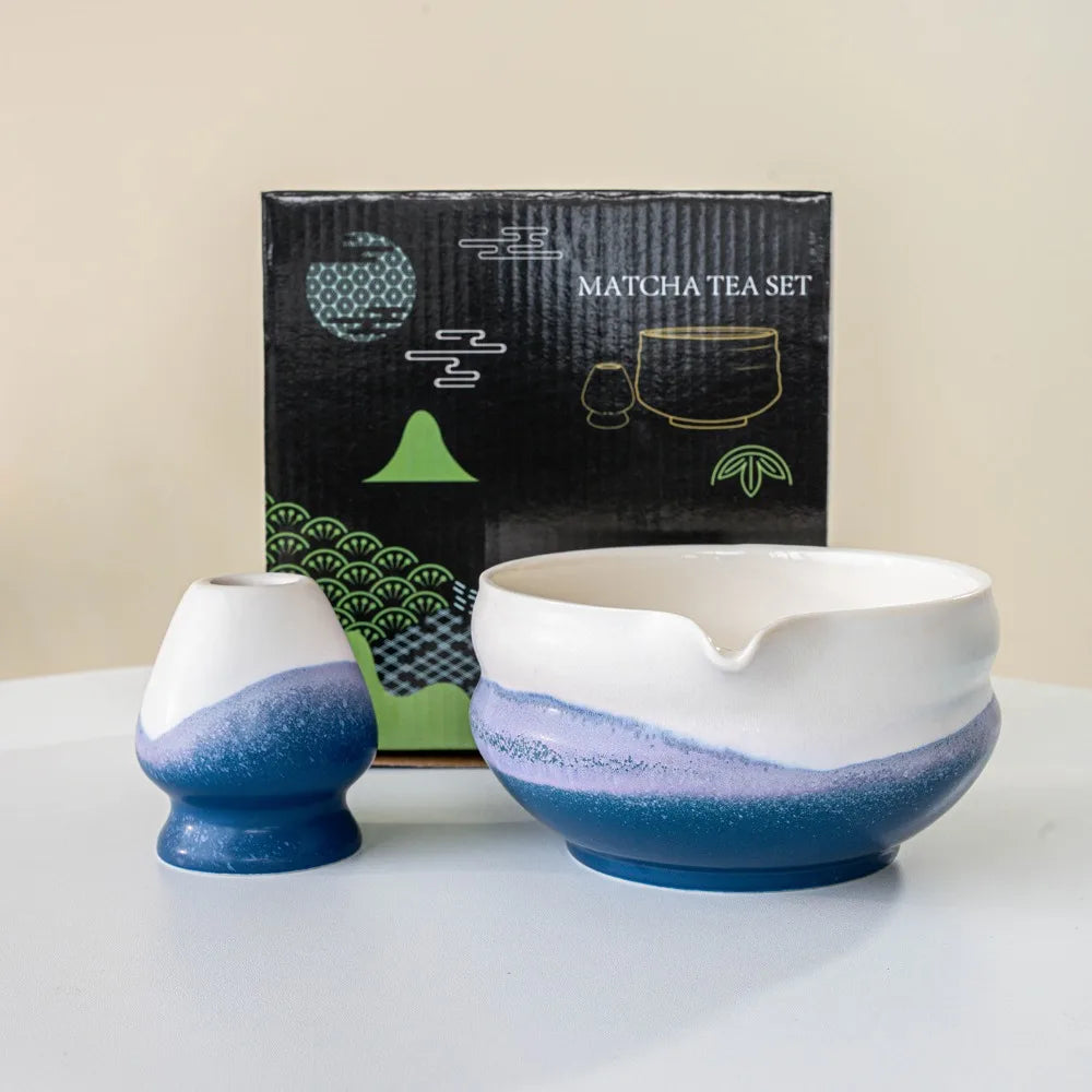 Ceramic Matcha Bowl with Pouring Spout & Whisk Holder Set