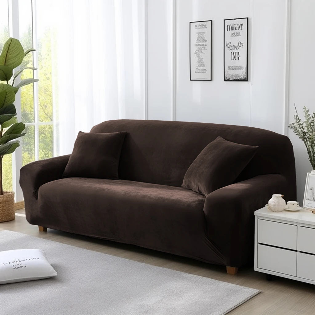 Thick Velvet Sofa Covers 1 2 3 4 Seater Stretch Non-Slip Couch Cover Furniture Protector Plush Sofa Slipcovers with 1 Pillowcase Peaceful Pleasures Health and Wellness Coffee 1seat (90-140cm)