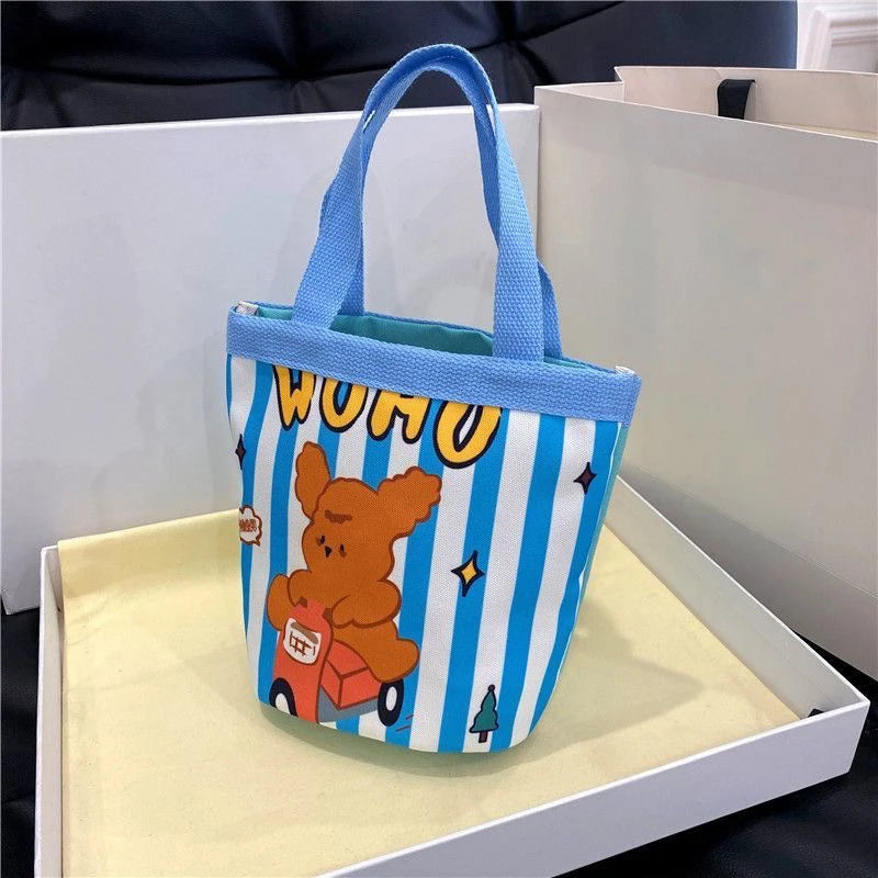 Cute Animal Doodle Canvas Bucket Bag | Cylindrical Lunch Tote