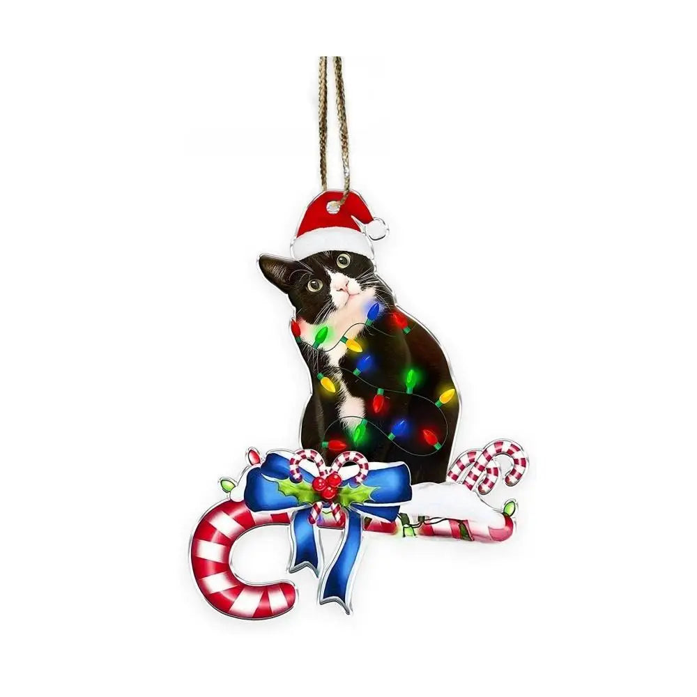 2D Acrylic Funny Cat Christmas Ornament | Santa Hat Pendant