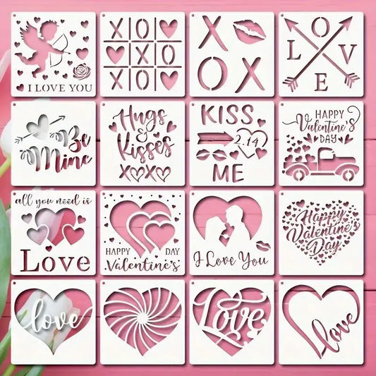 Heart Theme Drawing Stencil Template PET Reusable Hollow Out Painting Peaceful Pleasures Health and Wellness 16pcs