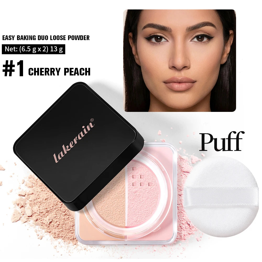 2 in 1 Bake Loose Powder Brightening&Correcting Duo Brightening Correcting Blurred Pores Matte LongLasting Setting Powder Makeup Peaceful Pleasures Health and Wellness and puff