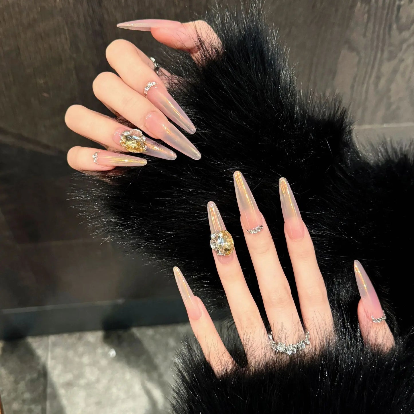 Nude Pink Aurora Gradient Press-On Nails | Long Oval Crystal