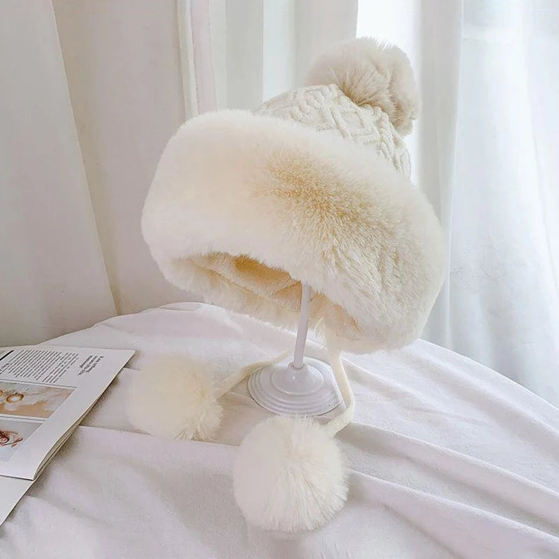 Women's Plush Ball Beanie | Winter Ear Protection Knit Hat