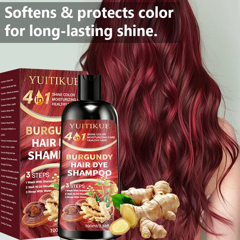 YUITIKUE 4 IN 1 Burgundy Hair Dye Shampoo Natural Ginger Herbal Long Lasting Moisturizing Hair Color Shampoo 100ml Peaceful Pleasures Health and Wellness