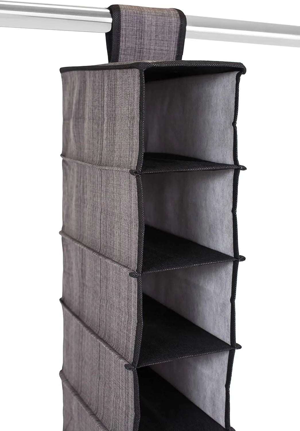 Gray hanging shelf organizer with multiple compartments on a white background