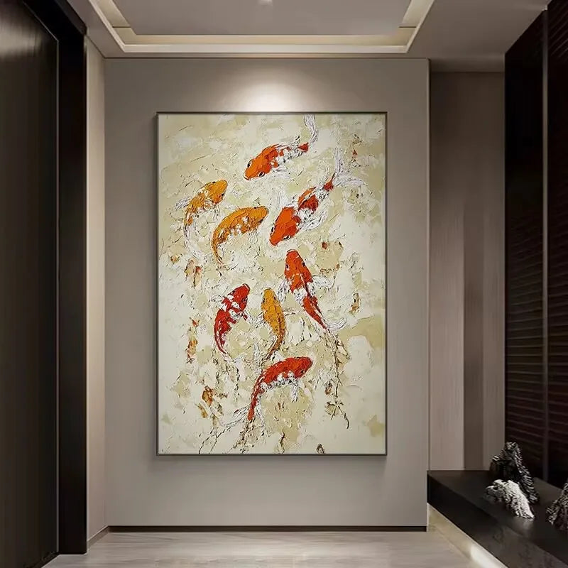 Modren Beautiful Home Wall Decor Pure Handmade Abstract Fishes Oil Painting On Canvas Poster Mural For Living Room Bedroom Porch Peaceful Pleasures Health and Wellness
