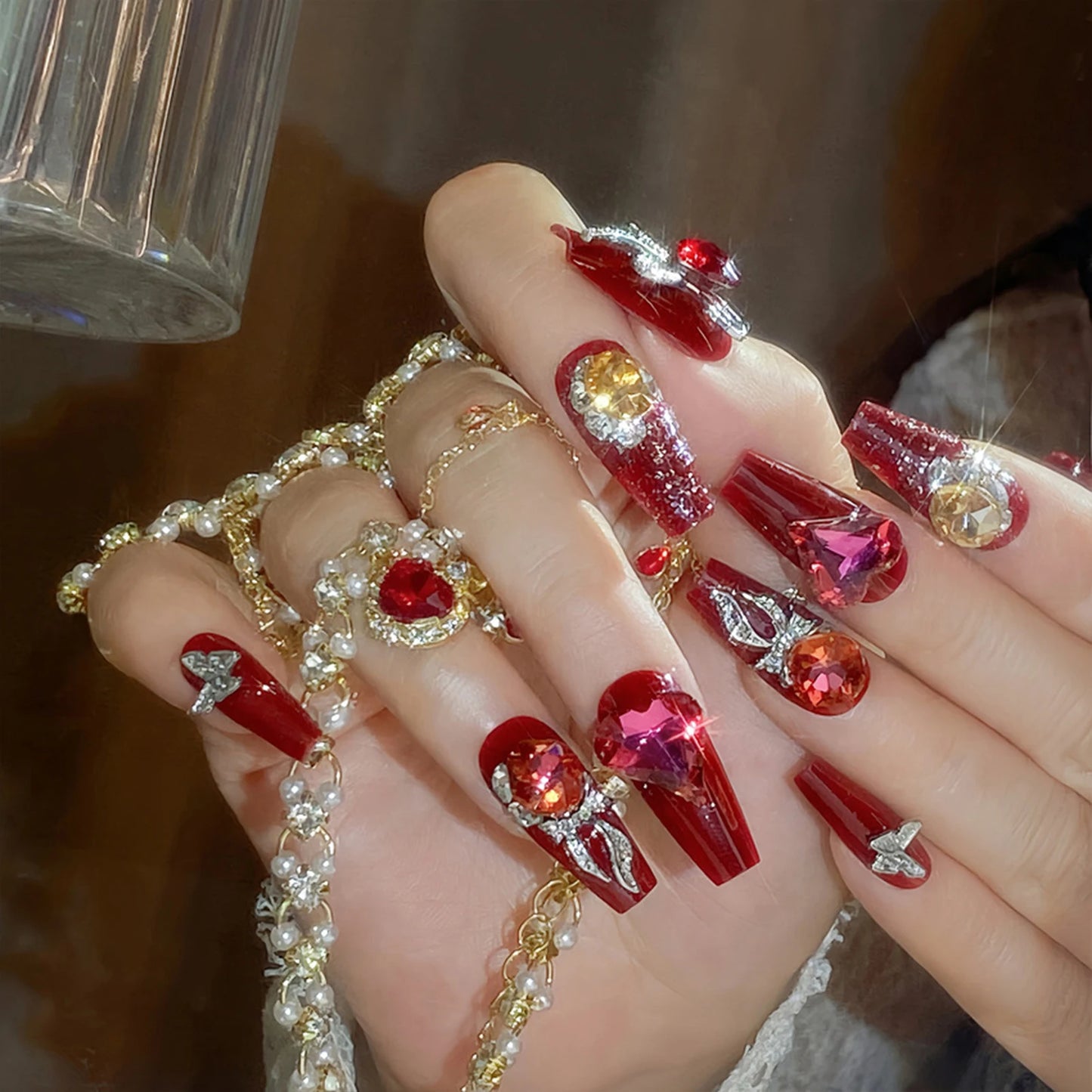 24pcs New Year Heavy Metal Press on Nails Chinese Bride Wedding Fake Nails Full Cover Wearable Shiny Large Crystal False Nails Peaceful Pleasures Health and Wellness style 10