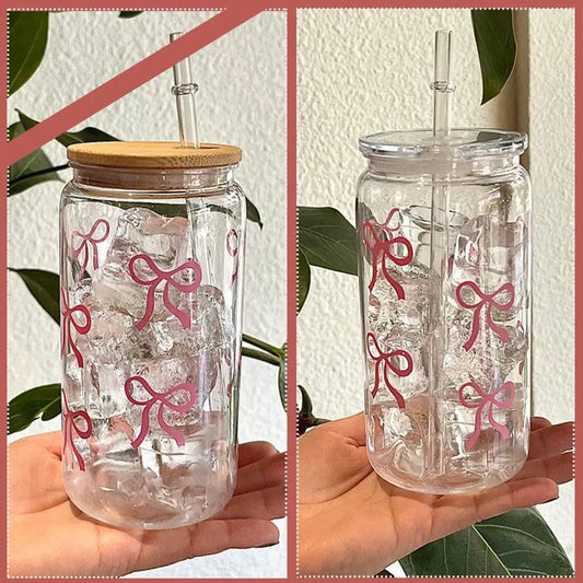 Pink Bow Transparent Plastic Tumbler with Straw | Hot & Cold Plastic Straw Tumbler Peaceful Pleasures Health and Wellness