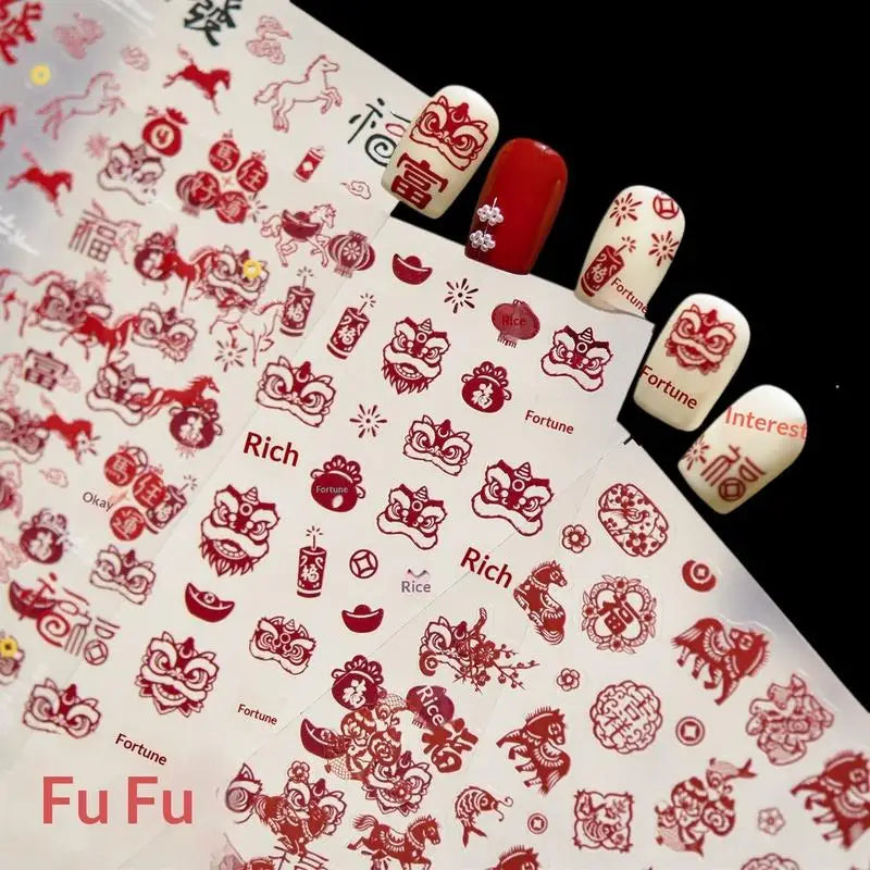 Chinese Style Paper Cuttings Horse Rich Flower Lion Dance Koi Carp Pony New Year Nail Art Stickers DIY Nail Art Decoration Decal Peaceful Pleasures Health and Wellness