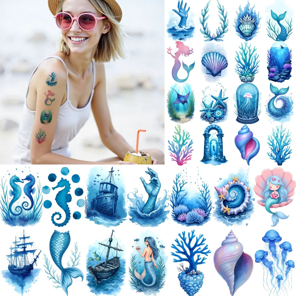 63-Piece Watercolor Ocean Temporary Tattoos – Ships & Seahorses
