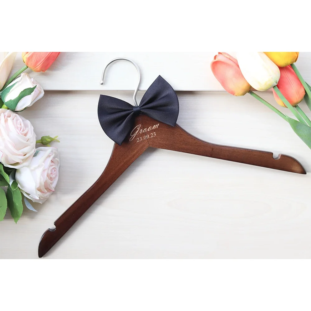 Personalized Groom Wedding Hanger – Engraved Brown Wood Bowtie Personalized Wedding Hanger Peaceful Pleasures Health and Wellness