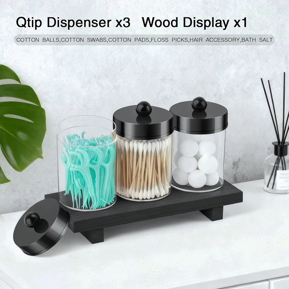 3-Pack Apothecary Jar Canister Set with Lids & Storage Tray – Q-Tip, Cotton Ball & Floss Organizer