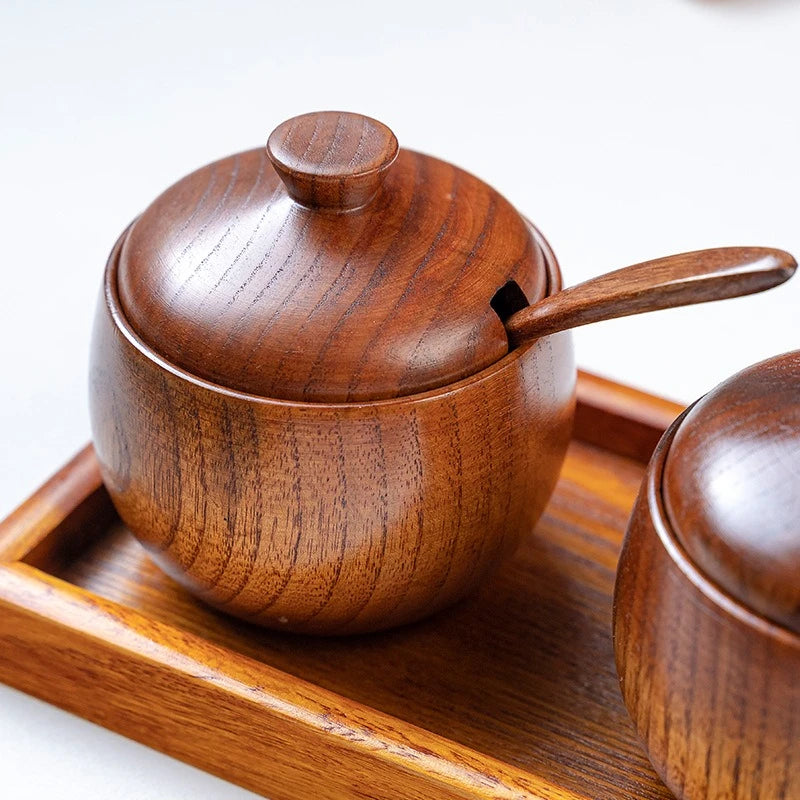 Wooden Seasoning Jar Creative Kitchen Retro Salt Sugar Pot Seasoning Storage Jar With Lid Spoon Wooden Tray Storage Containers Peaceful Pleasures Health and Wellness