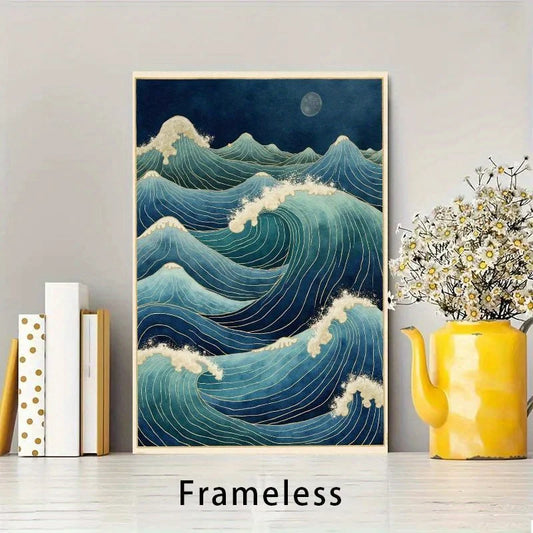 Frameless Japanese Ukiyo-e Ocean Wave Canvas Art Print - Navy Blue & Turquoise Coastal Painting, Modern Minimalist Wall Decor Peaceful Pleasures Health and Wellness 3510160017 20x30cm Unframed