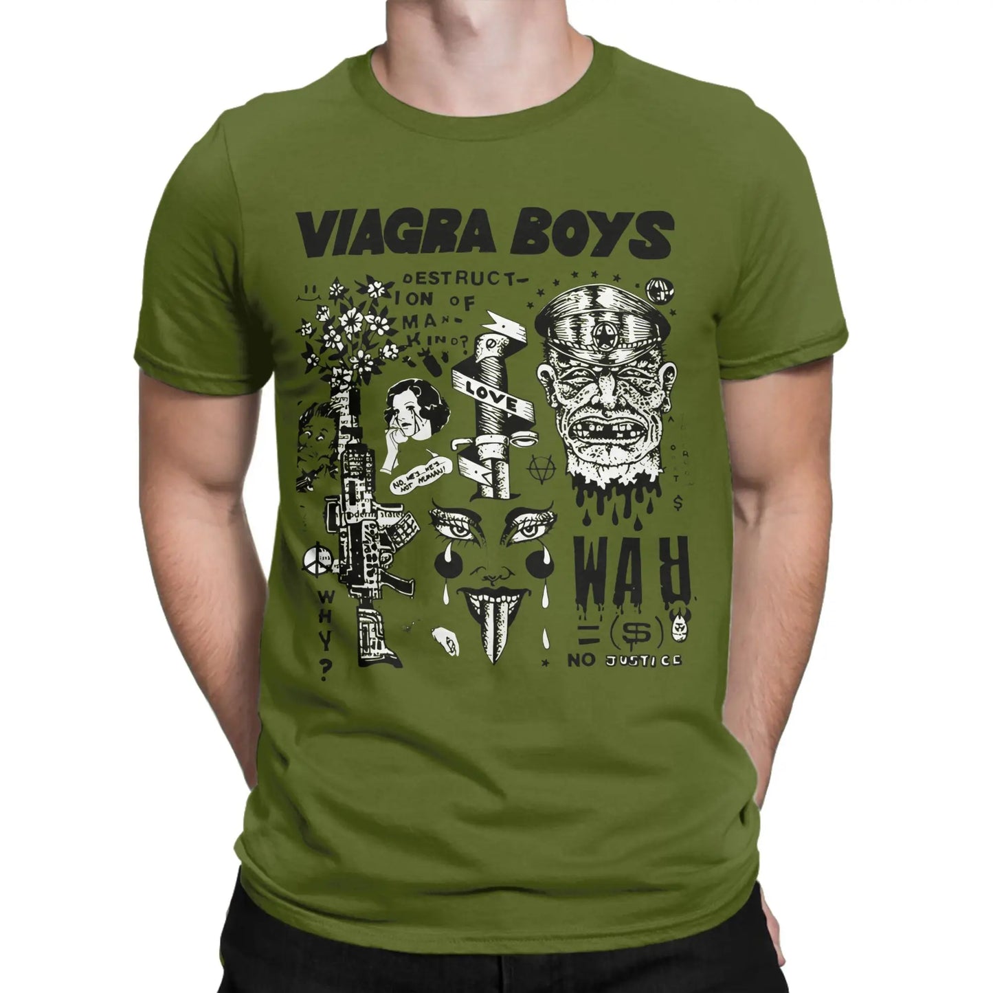 Viagra Boys Band Vintage Cotton T-Shirt | Men's Graphic Tee Band Graphic T-Shirt Peaceful Pleasures Health and Wellness army green M
