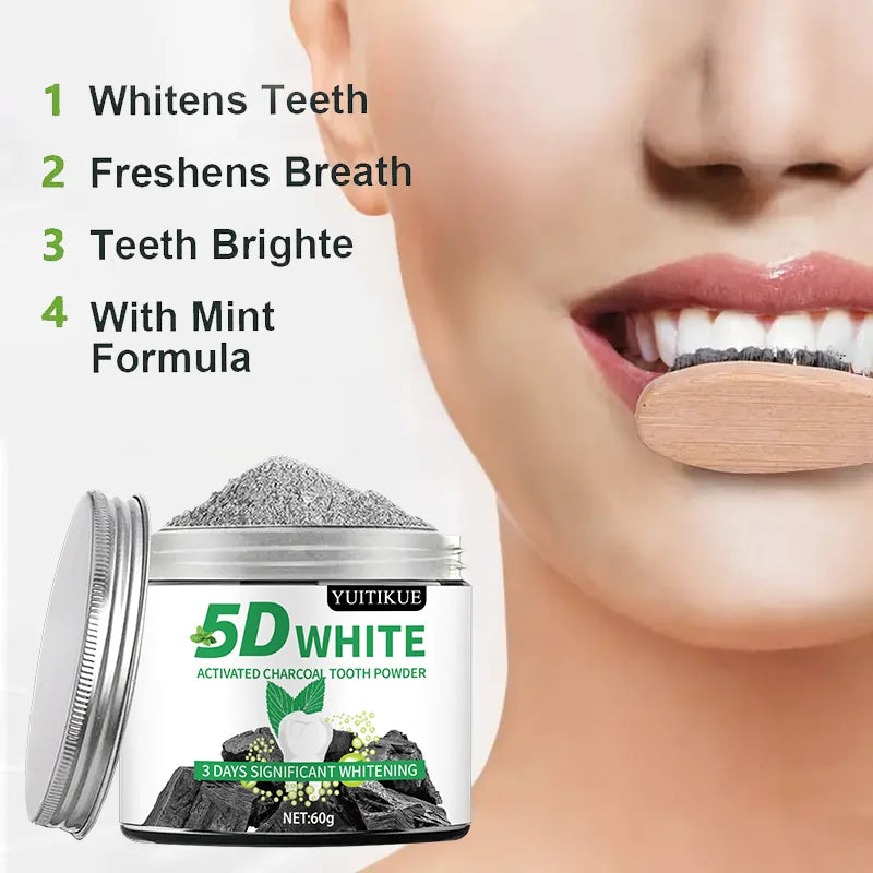 YUlTlKUE 5D White Activated charcoal Tooth Powder Natural Teeth Whitening Oral Care Fresh Breath 60g Peaceful Pleasures Health and Wellness